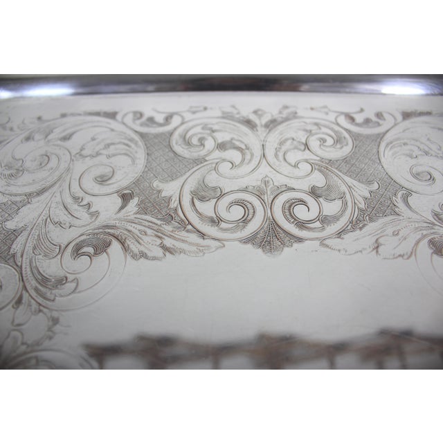 Early 20th Century Extra Large Butler’s Tray Silver Plated Rectangular Platter Vintage Plate Ornate Handles Embossed Serving For Sale - Image 5 of 10