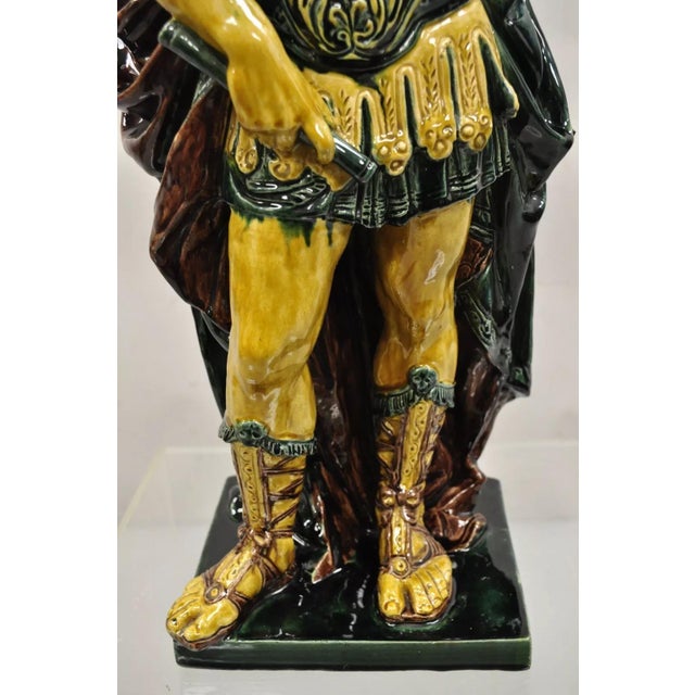 Yellow Early 20th Century Majolica Alexander the Great Greek Warrior Soldier Glazed Pottery Sculpture For Sale - Image 8 of 12