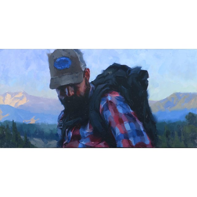 Heading Down by Judd Mercer | Oil on Wood Panel Portrait of a man in a plaid shirt and hat outdoors. For Sale