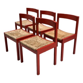 Red Stained Oak and Cane Chairs by Gerard Geytenbeek for ASZ Meubelen, Netherlands, 1960s, Set of 5 For Sale