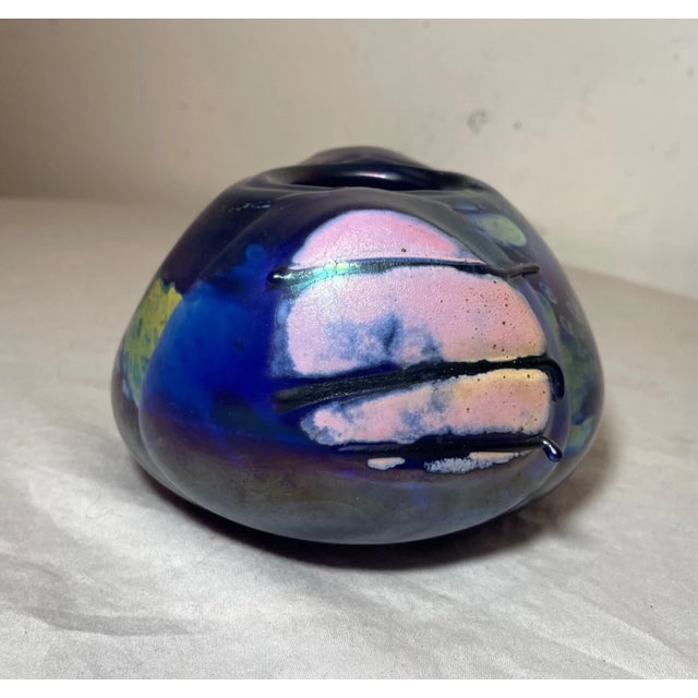 Unusual Hand Blown Iridescent Pearson Studio Art Glass Blue Vase Sculpture For Sale - Image 15 of 18