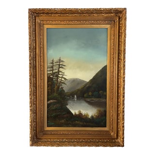 Large Antique Victorian Adirondack Landscape Oil Painting Mountain Lake With Sailboats in Ornate Gold Frame For Sale