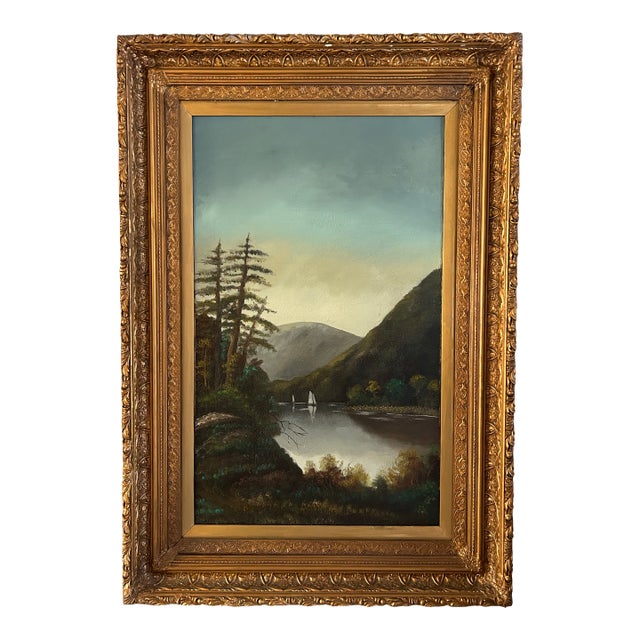 Large Antique Victorian Adirondack Landscape Oil Painting Mountain Lake With Sailboats in Ornate Gold Frame For Sale