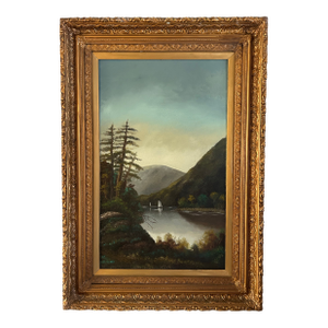 Large Antique Victorian Adirondack Landscape Oil Painting Mountain Lake With Sailboats in Ornate Gold Frame