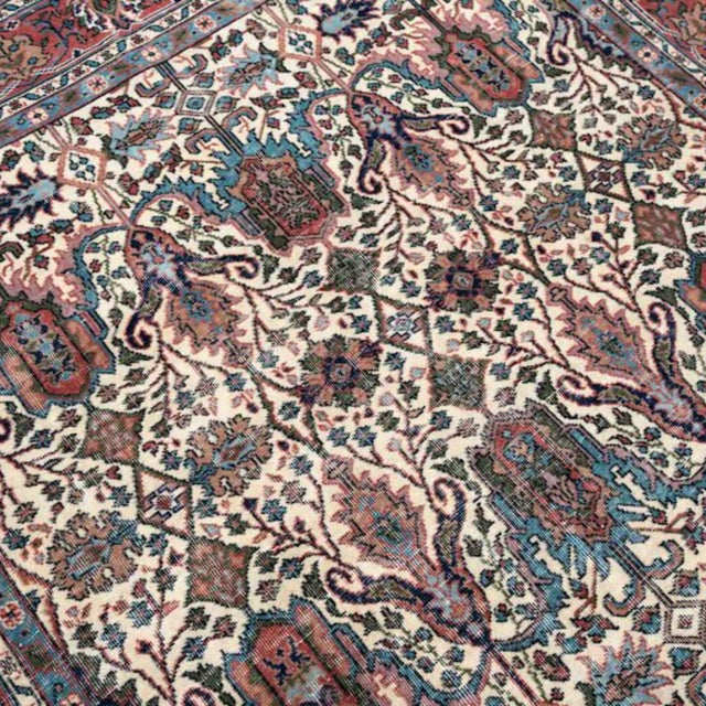 Vintage Turkish Isparta Rug 6'6" X 10'2" Hand-Knotted Wool, Ivory Teal Rust All-Over Palmette & Cypress Tree Design For Sale - Image 4 of 6