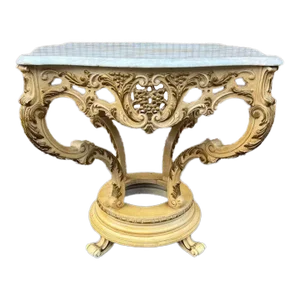 Mid 20th Century Regency Hollywood Style Wood Carved Marble Top Center Table. Vintage.