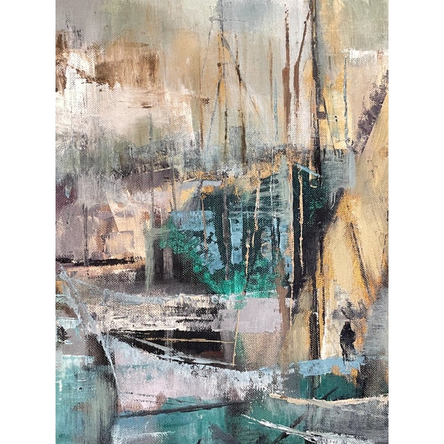 1960s Vintage Harbor Scene Jean Kalisch Abstract Painting Oil on Board For Sale - Image 12 of 12