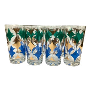 Vintage Highball Glasses With Blue, Green, and Gold Diamonds - Set of 8 With Caddy For Sale
