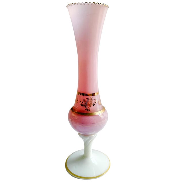 Beautiful early to mid 20th century French pink opaline footed vase with a classic molded cameo profile of a woman, set...