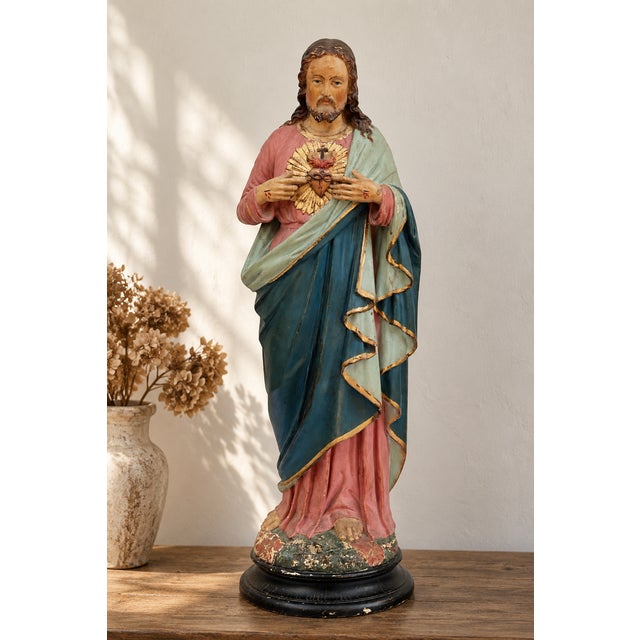 Large antique french sacred heart of jesus statue in polychrome and gilt plaster, signed puccini, dating from the late...