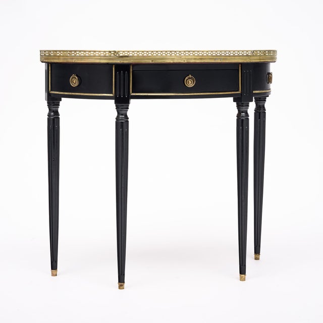 Brass French Louis XVI Style Ebonized, Brass and Marble Demi-Lune Console Table For Sale - Image 8 of 9
