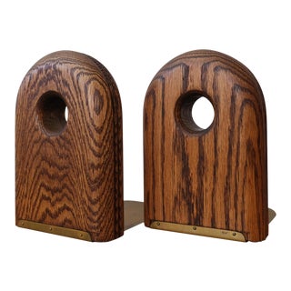 1970s Solid Oak and Brass Modernist Bookends For Sale