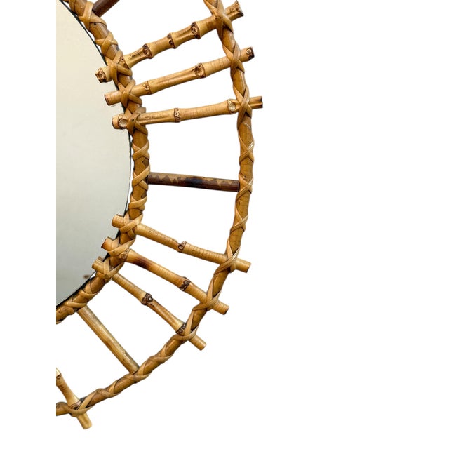 Wood Vintage French Round Rattan Mirror, 1950s For Sale - Image 7 of 7