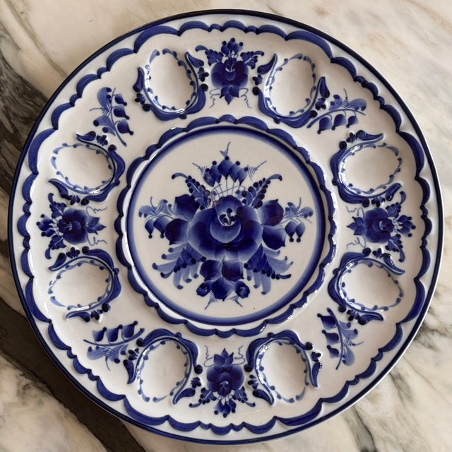 Ceramic Vintage Gzhel Hand Painted Oyster Plate or Egg Plate For Sale - Image 7 of 9