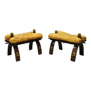 Moroccan Saddle Leather Orange Brass Trim Wood Base Footstool Ottoman - a Pair For Sale