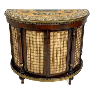 1950s Regency Pietra Dura Style Painted Mahogany Demilune Cabinet Credenza For Sale
