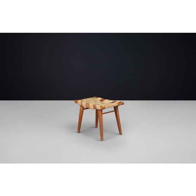 Mid-Century Modern French Stool with Woven Jute Seat, 1950 For Sale - Image 11 of 13