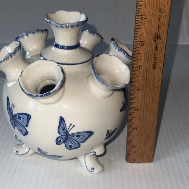 White Vintage Delf Style Andrea Sadek Butterflies Tulipiere Flower Vase For Sale - Image 8 of 8