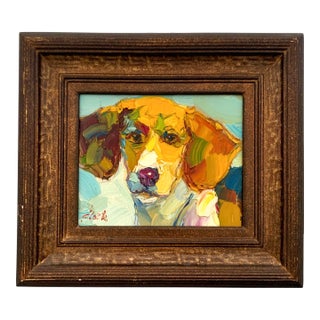 Late 20th Century Dog Painting Beagle Portrait Thick Acrylic on Canvas Signed Home Gift Decor For Sale