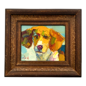 Late 20th Century Dog Painting Beagle Portrait Thick Acrylic on Canvas Signed Home Gift Decor