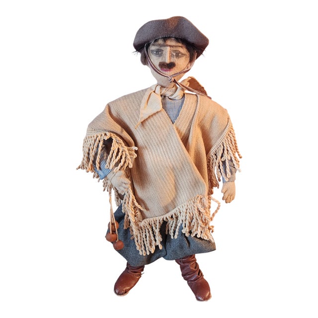 Antique Vintage Male Gaucho Cloth & Wire Hand-Made Doll, South American Cowboy, 1940s For Sale