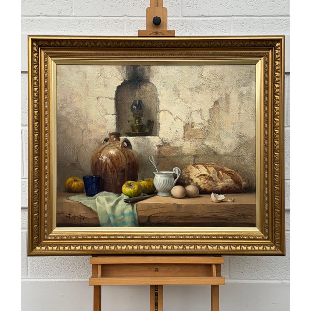 Still Life with Fruit & Bread Rustic French Farmhouse Interior by French Artist 1992 Circa For Sale - Image 15 of 18