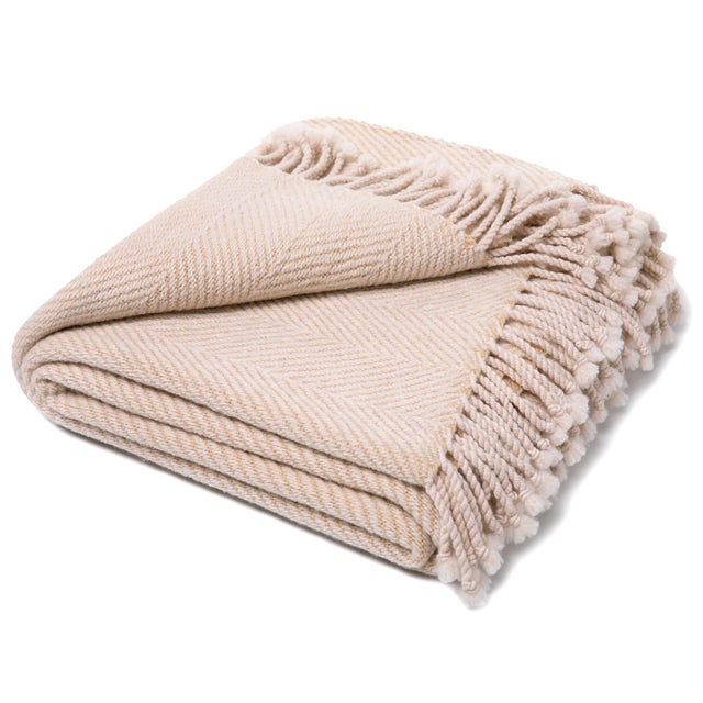 Contemporary Bellani Beige & Cream Merino Wool Throw Blanket with Fringe Trim For Sale - Image 3 of 7
