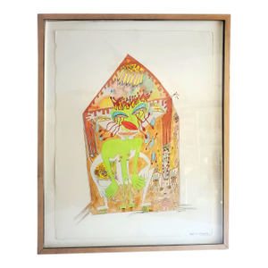1990s Surreal Sweethearts Watercolor by Outsider Artist Signed Angel