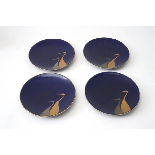 Signed Plates Blue & Gold Colors Crane Motif Japan - Set of 4 For Sale - Image 4 of 7