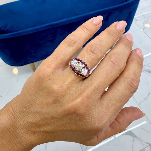 Antique 14k White Gold 1.33ctw Old Cut Diamond Ruby Three Stone Cocktail Ring, Size 7.25 For Sale - Image 9 of 9