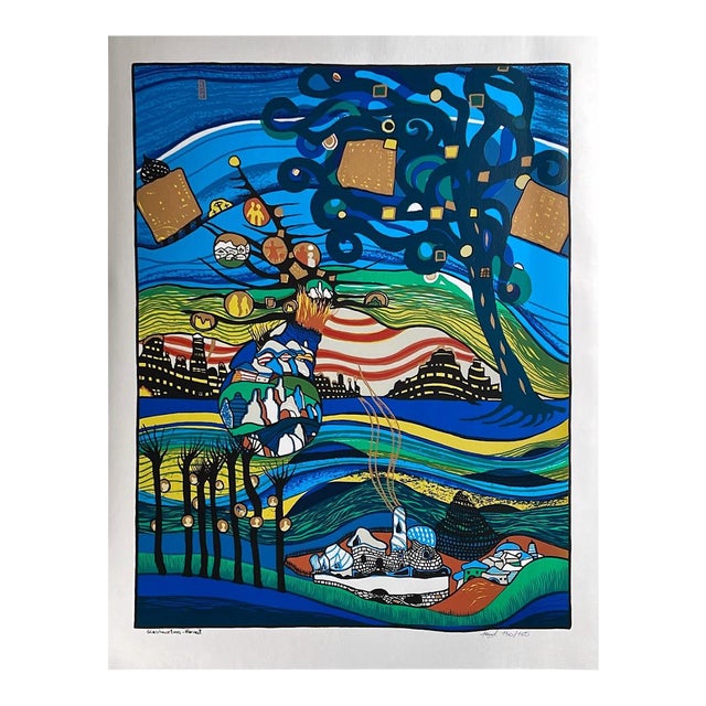 1972 Helmut Kand "Glasshouse Trees - Harvest" Signed Modernist Foil Print For Sale