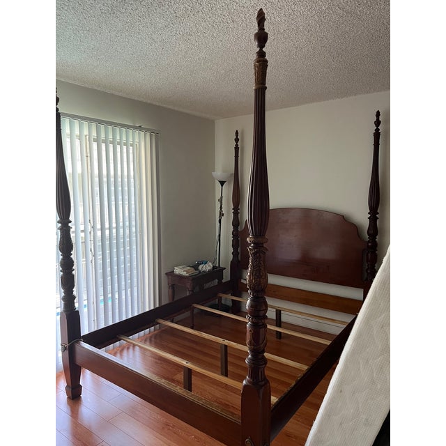 1990s Ethan Allen Carved Solid Cherry Wood Queen Size Poster Bed For Sale - Image 5 of 5