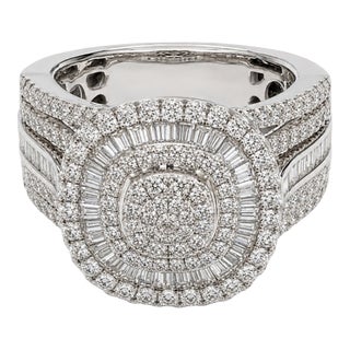 10k White Gold 2 CTTW Natural Round & Baguette Diamond Square Ring, Size 7 For Sale