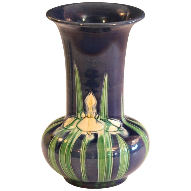 Antique Awaji Pottery Blue Ground Incised Iris Japanese Trumpet Form Vase For Sale