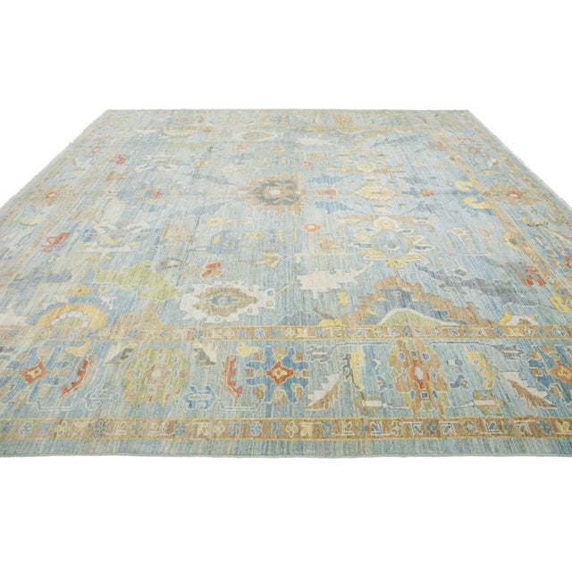 2020s Apadana's Modern Sultanabad Square Wool Rug Handmade in Blue With Floral Design For Sale - Image 5 of 11