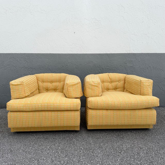 Postmodern Vintage Mid Century Yellow Tufted Swivel Barrell Chairs With Pink Purple and Blue Stripes - A Pair For Sale - Image 3 of 12