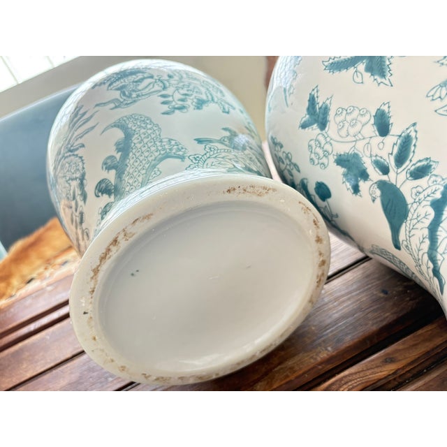 Late 20th Century Extra Large Blue and White Chinoiserie Porcelain Ginger Jars With Bird and Floral Motif - A Pair For Sale - Image 9 of 10