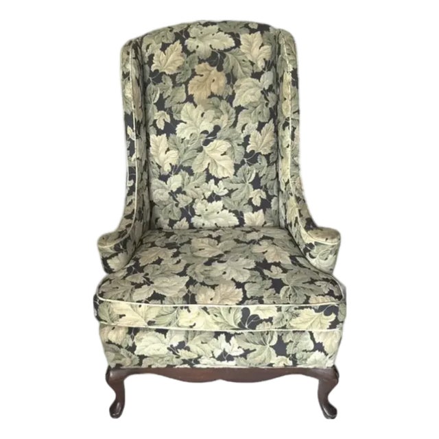 Mid Century Wing Back Chair in an Autumn Leaf Pattern For Sale