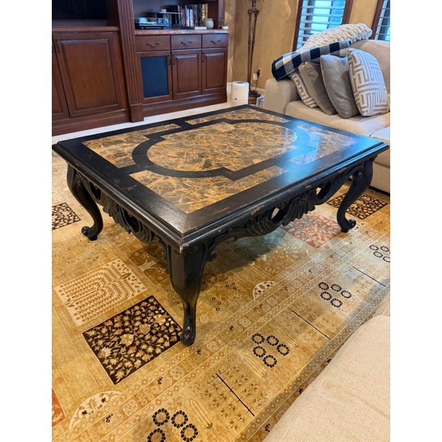Vintage Maitland Smith Coffee Table - Solid Wood with Marble tessellated Inlay Color: black with brown/gold tessellated...