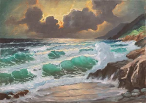 'Sunset Breakers, Rocky Coast', American School, Pacific Ocean Beach, Seascape, Cypress Trees