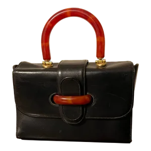 Vintage 1950's Italian Black Purse, Pocketbook or Hand Bag With Butterscotch Bakelite Handle & Clasp