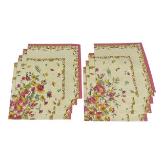 Late 20th Century Yellow Gold and Pink Floral Design Cotton Dinner Napkins Made in Uk- Set of 8 For Sale