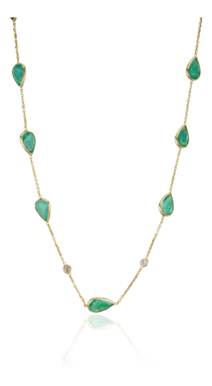 14k Yellow Gold 6.84ct Pear-Cut Natural Emerald Station Necklace With Diamonds