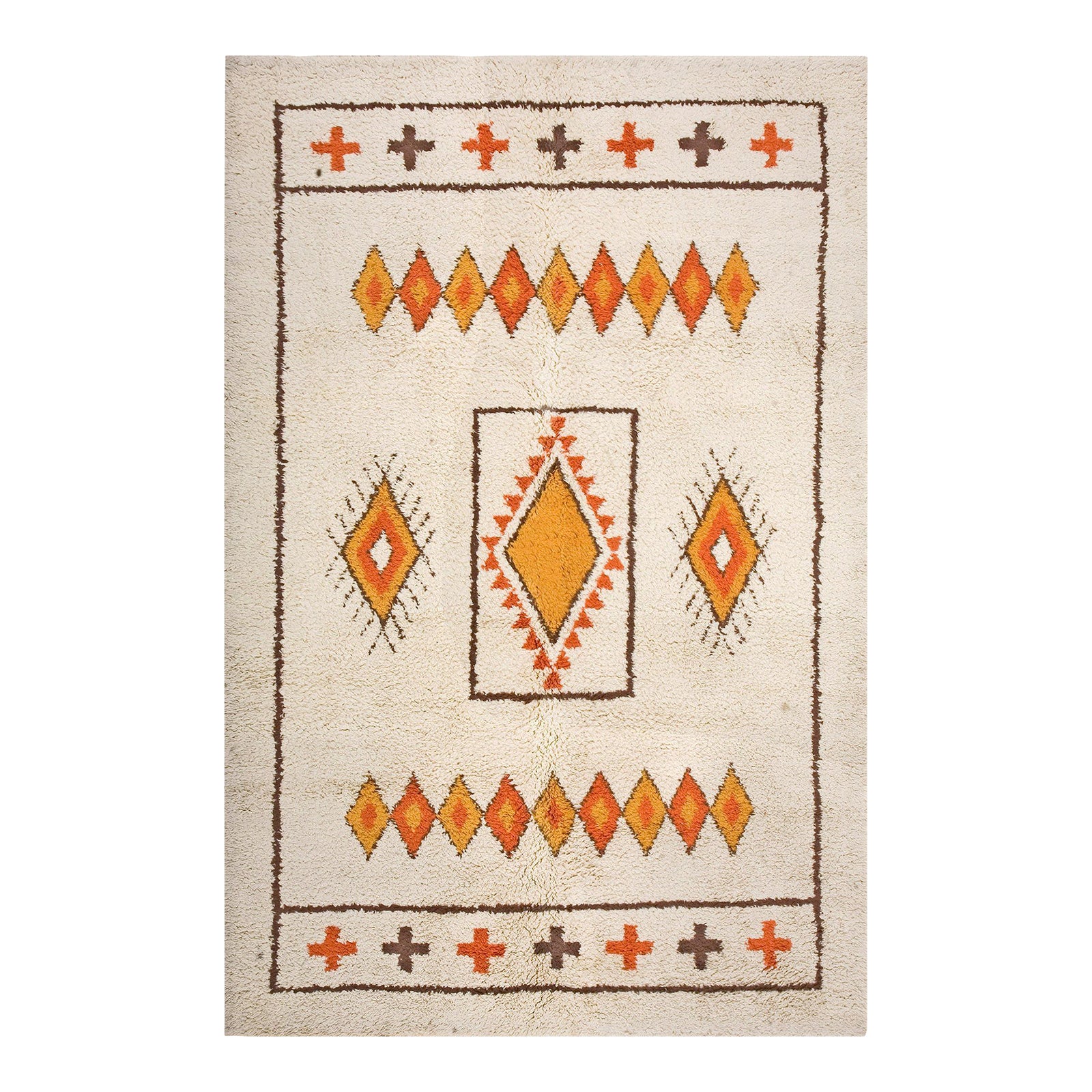 1950s Ivory Diamond Tribal Vintage Moroccan North African Rug 6'8