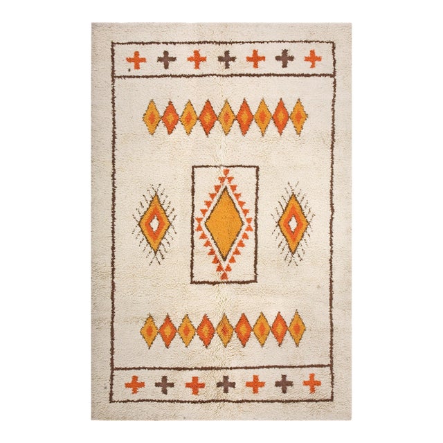 1950s Ivory Diamond Tribal Vintage Moroccan North African Rug 6'8" X 10'0" Wool Carpet For Sale