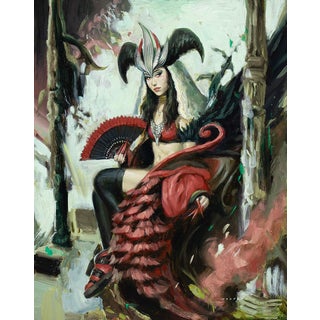 Morgan La Fay by Nadezda | Oil on panel Woman in elaborate costume holding a fan. For Sale