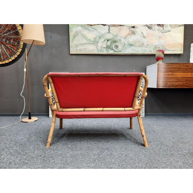 Red Mid-Century Bamboo Kitchen Bench, 1950s For Sale - Image 8 of 11