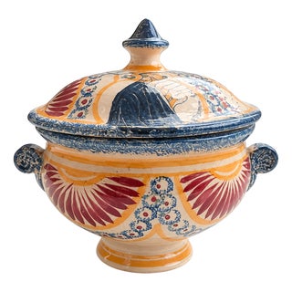 French Art Deco Polychrome Faience Covered Bowl by Jacques Le Tanneur for Dax, 1930s For Sale