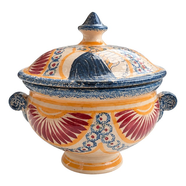 French Art Deco Polychrome Faience Covered Bowl by Jacques Le Tanneur for Dax, 1930s For Sale