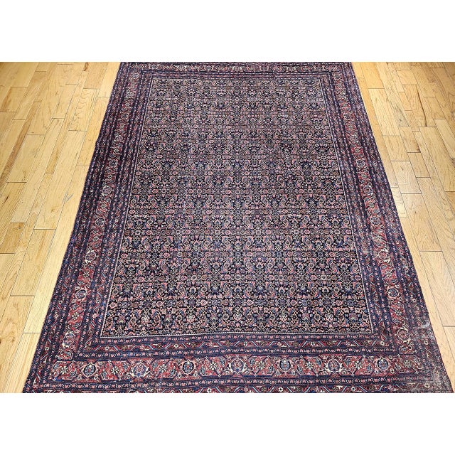 Navy Blue Vintage Persian Bidjar Rug, Hand-Knotted Wool, All-over Herati Geometric Pattern, Navy & Rust-Red,9x12 For Sale - Image 8 of 16